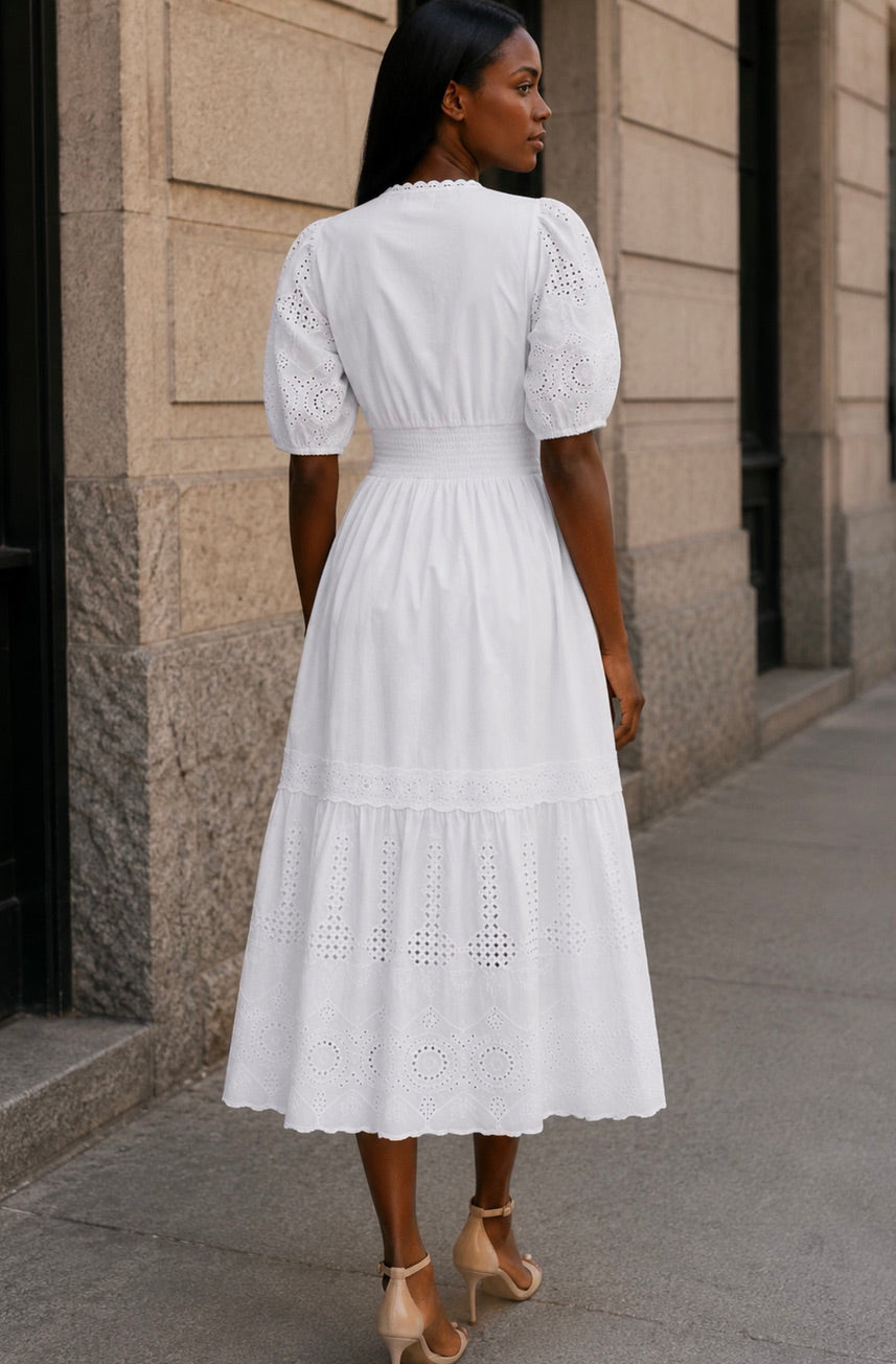 ANNICK Eyelet Embroidery Puff Sleeve Midi Dress