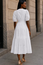 ANNICK Eyelet Embroidery Puff Sleeve Midi Dress