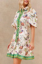 ANNICK Leontine Boho Bird Print Mini Dress Bell Sleeves Belt White front and side view model