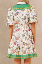 ANNICK Leontine Boho Bird Print Mini Dress Bell Sleeves Belt White back view model