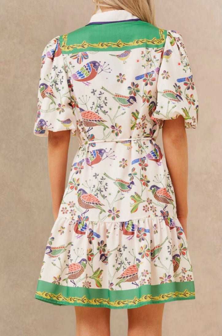 ANNICK Leontine Boho Bird Print Mini Dress Bell Sleeves Belt White back view model