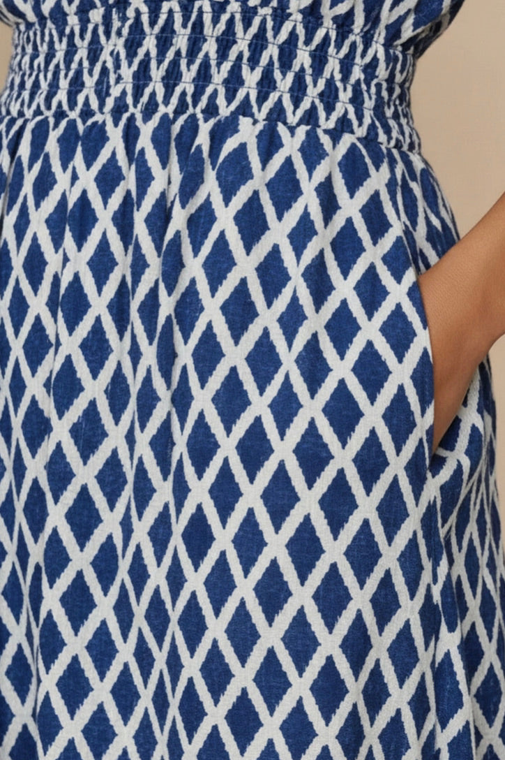 ANNICK Geometric Print Smocked Waist Shirt Dress