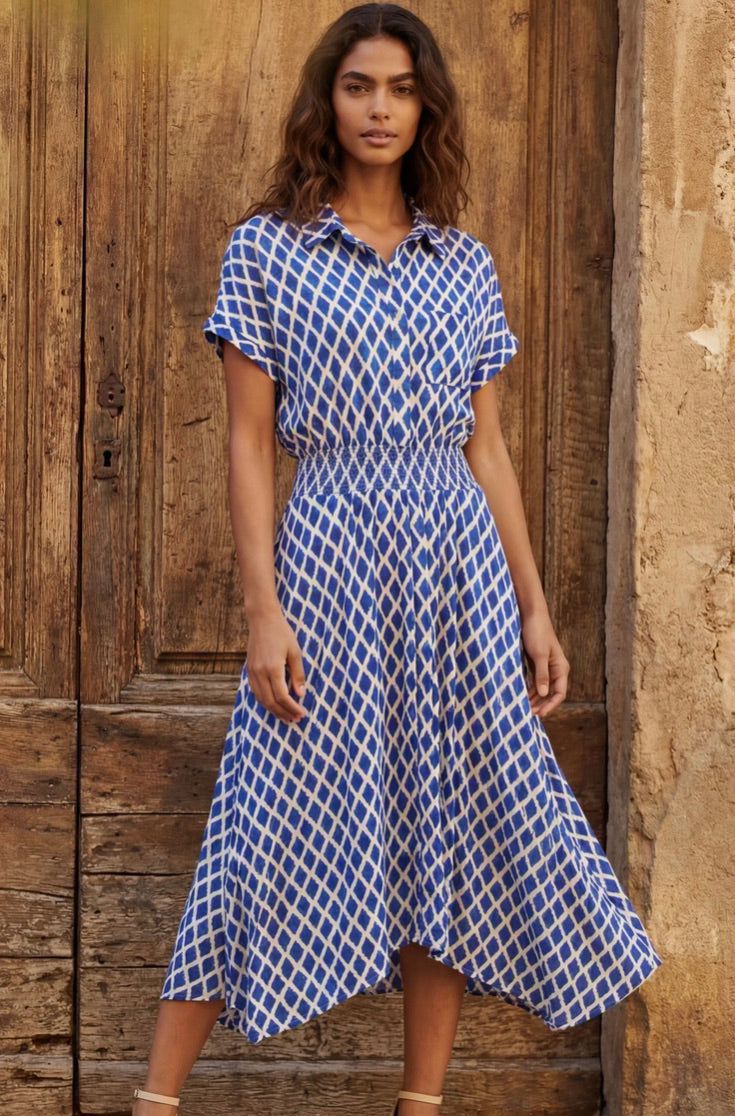 ANNICK Geometric Print Smocked Waist Shirt Dress