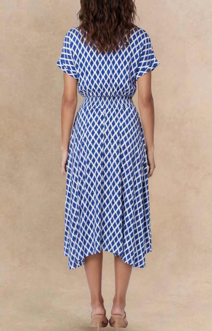 ANNICK Geometric Print Smocked Waist Shirt Dress