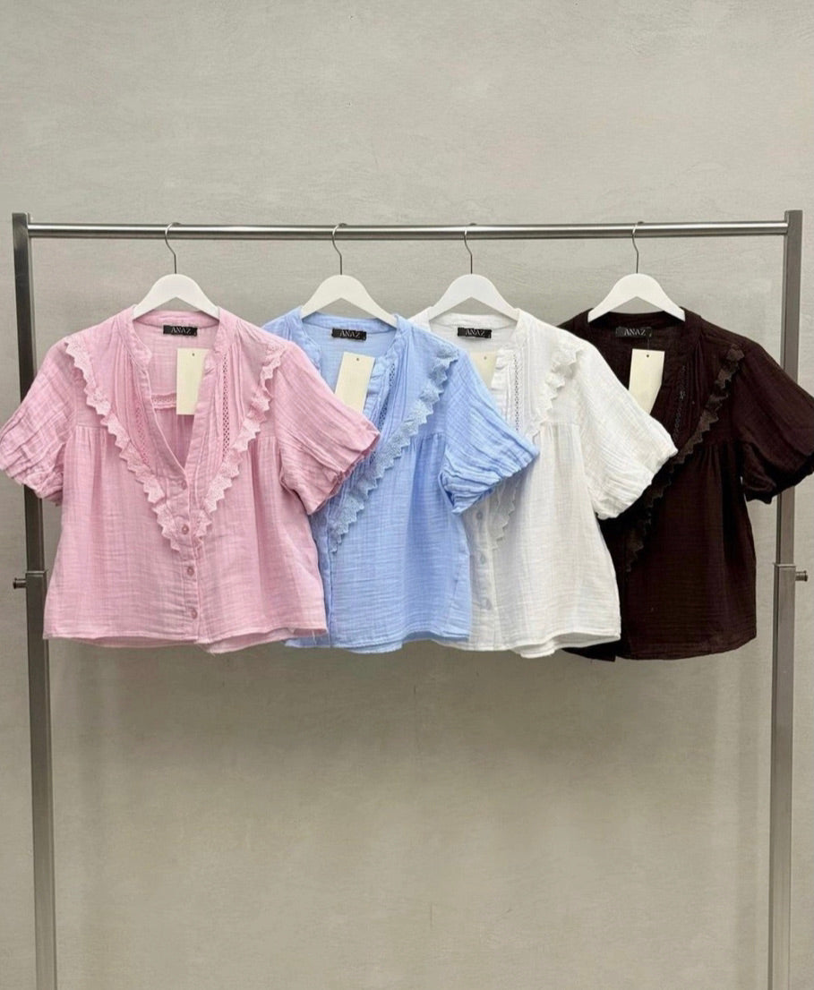 ANAZ Lace-Trim Puff Sleeve Gauze Blouse
