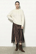 Oversized Cable-Knit Crewneck Sweater ANAZ beige full body look with lace skirt