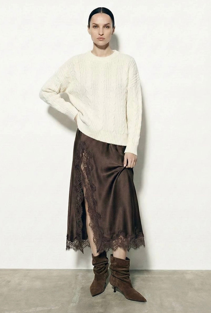 Oversized Cable-Knit Crewneck Sweater ANAZ beige full body look with lace skirt