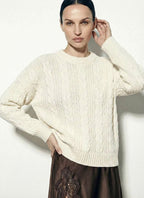 Oversized Cable-Knit Crewneck Sweater ANAZ beige front view model