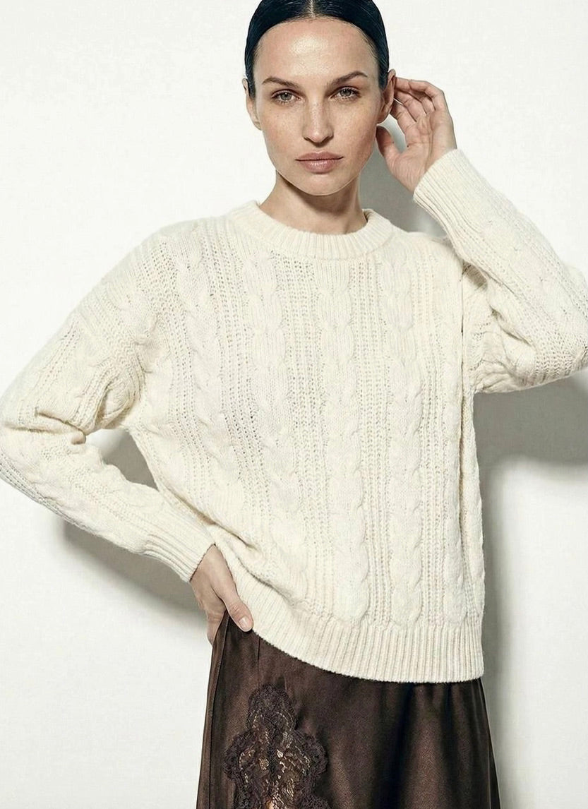 Oversized Cable-Knit Crewneck Sweater ANAZ beige front view model