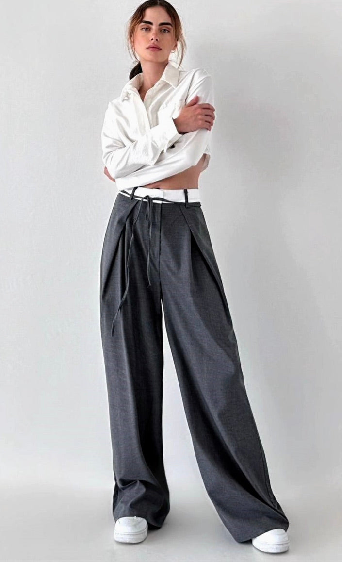 Fold-Over Waistband Wide-Leg Trousers ANAZ gray wide leg front view