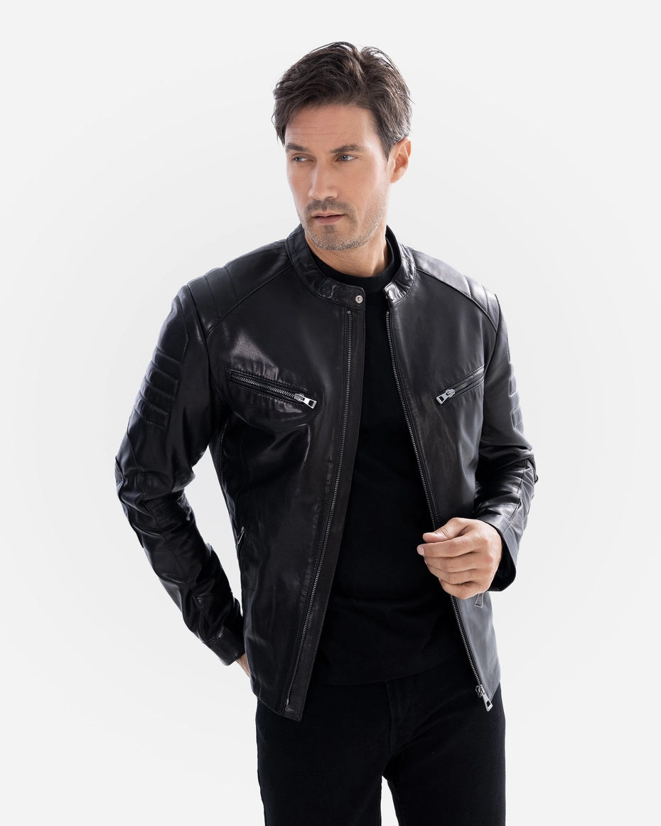Man wearing a black leather jacket on a white background Cuir Dimitri