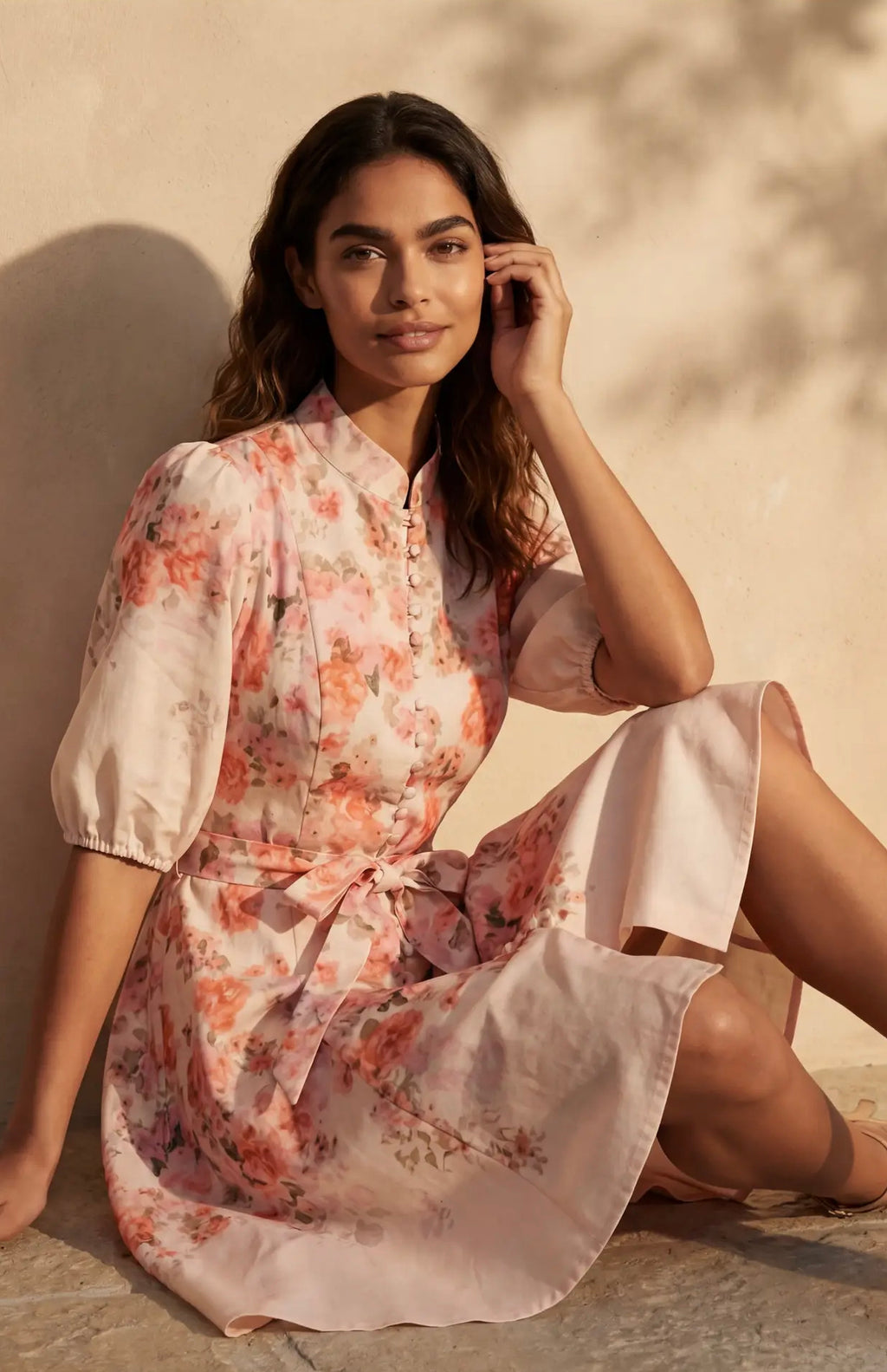 Sonia Off-White Floral Print Dress Bell Sleeves Self-Tie Belt front view model on the floor