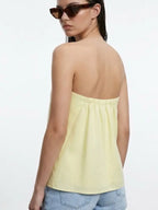 Yellow linen folded strapless bandeau top with asymmetric front pleats and curved hemline - ANAZ Linen Folded Strapless Bandeau Top Yellow