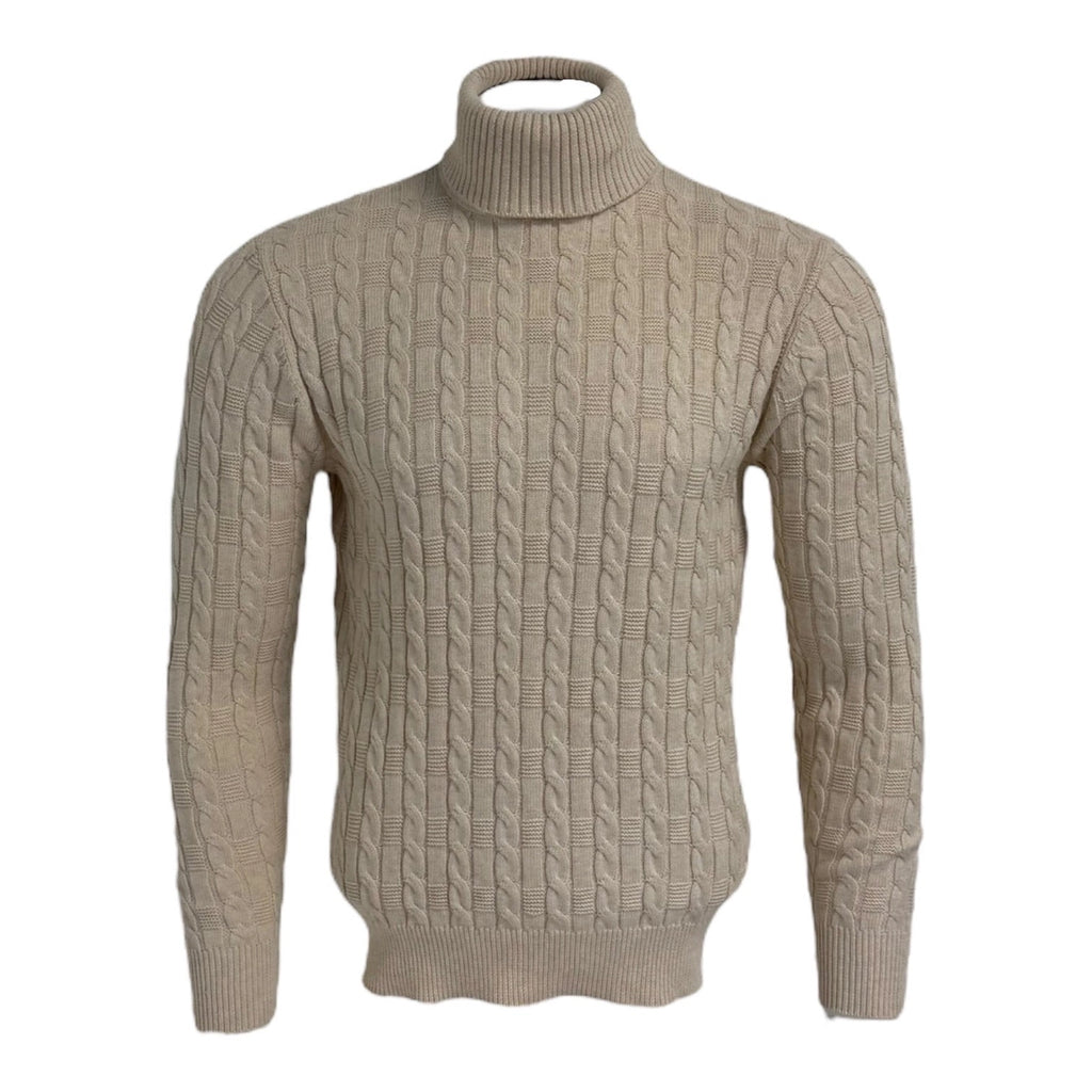 Beige cable knit turtleneck sweater on a white background Maison Leneveu
