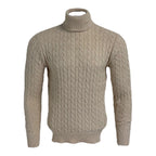 Beige cable knit turtleneck sweater on a white background Maison Leneveu
