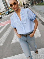 Baby blue lace trim puff sleeve gauze blouse with V-neckline and scalloped eyelet trim front view - ANAZ Lace-Trim Puff Sleeve Gauze Blouse Baby Blue

