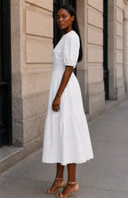 ANNICK Eyelet Embroidery Puff Sleeve Midi Dress