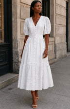 ANNICK Eyelet Embroidery Puff Sleeve Midi Dress