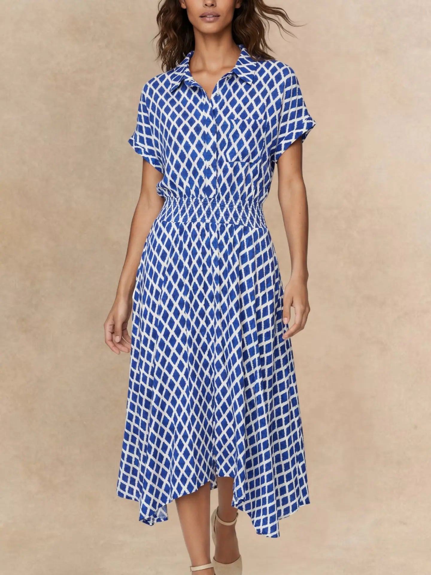ANNICK Geometric Print Smocked Waist Shirt Dress