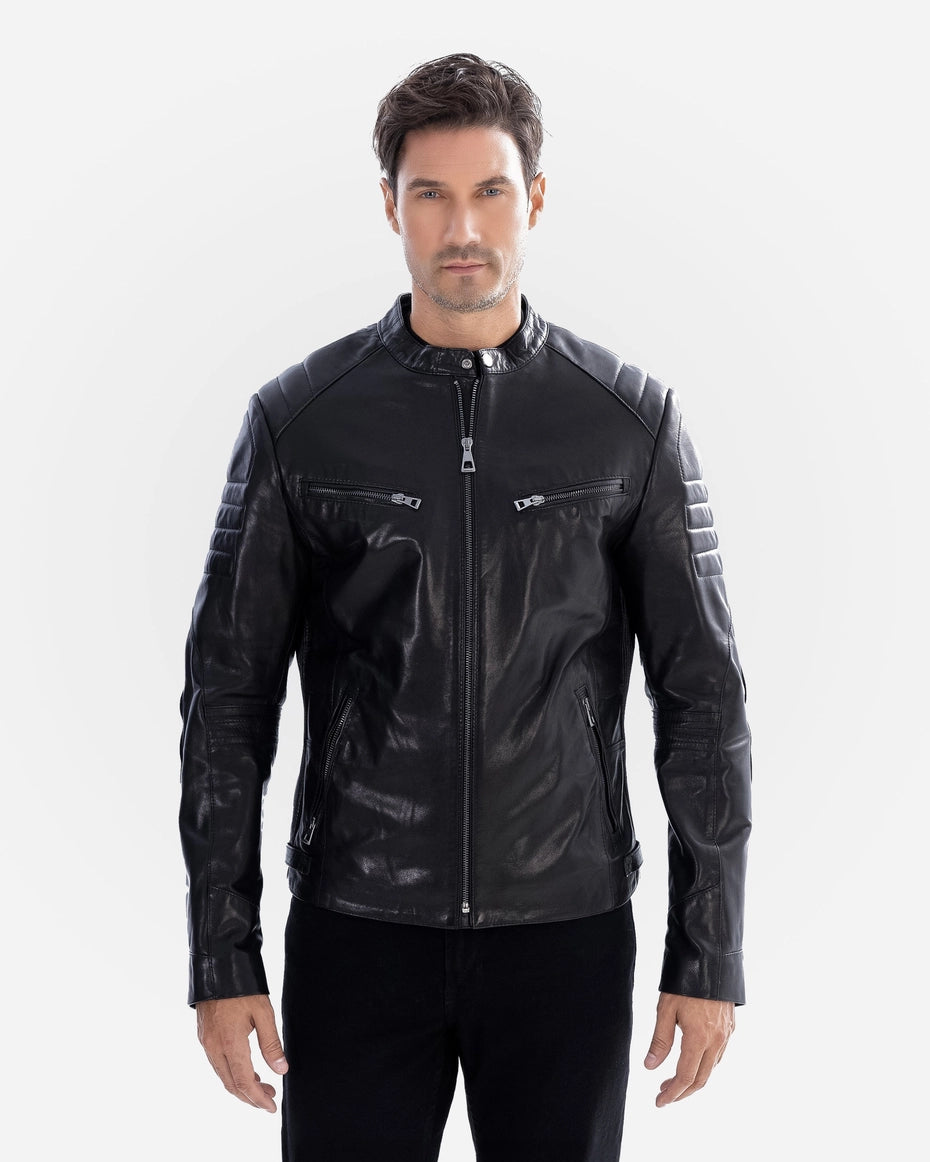 Man wearing a black leather jacket on a white background Cuir Dimitri