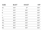 Size chart for bust, waist, and hip measurements in inches Cuir Dimitri