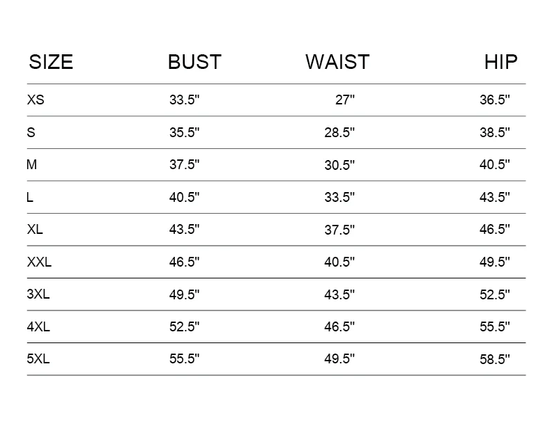 Size chart for bust, waist, and hip measurements in inches Cuir Dimitri