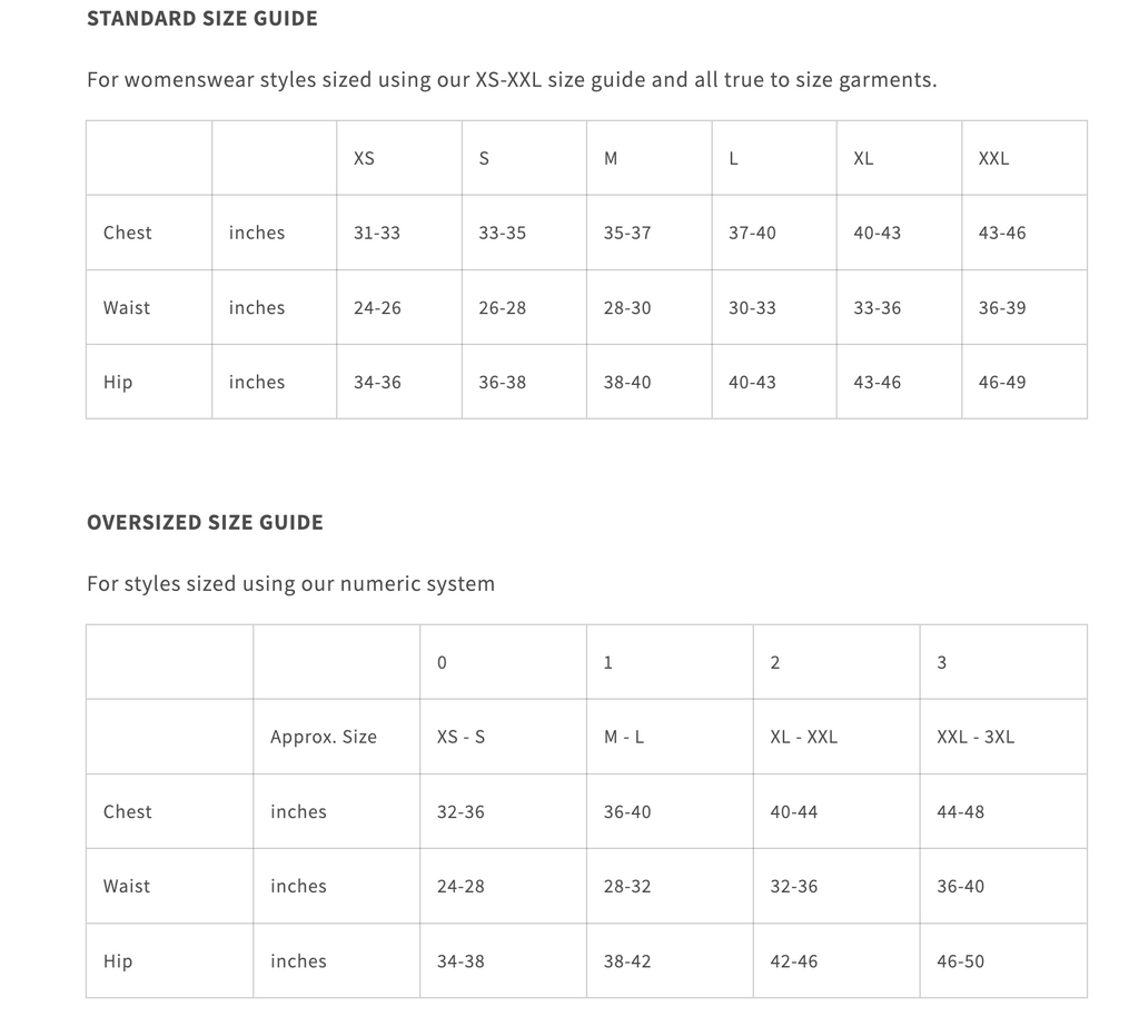 Size guide chart for women's clothing with measurements in inches.