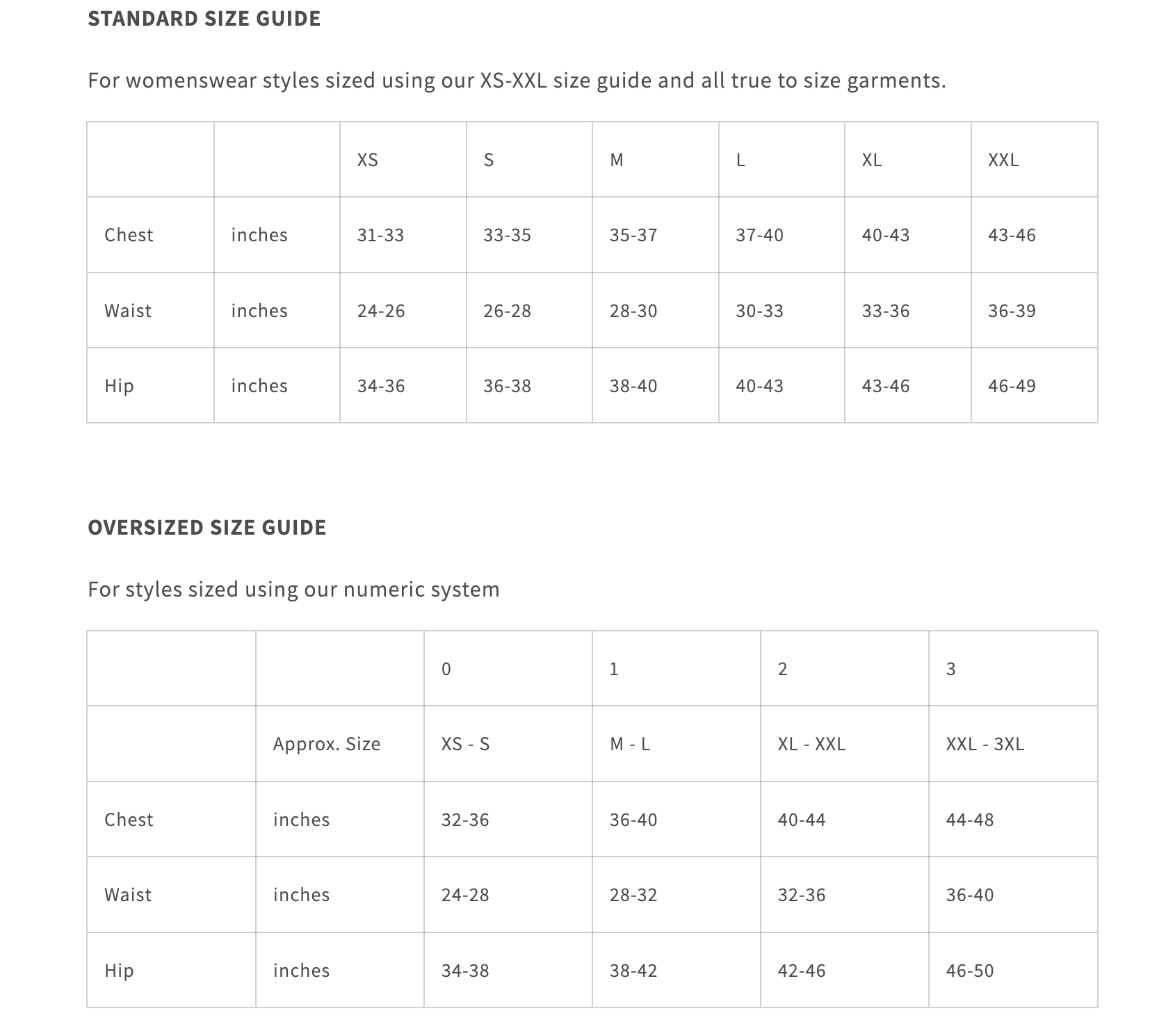 Size guide chart for women's clothing with measurements in inches.