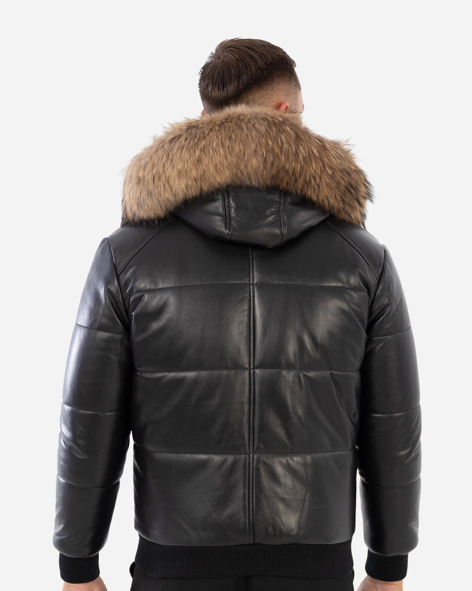 Black leather jacket with fur hood on a white background Cuir Dimitri