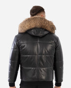 Black leather jacket with fur hood on a white background Cuir Dimitri