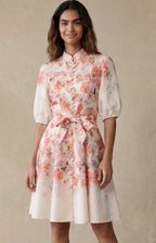 Front Sonia Off-White Floral Print Dress Bell Sleeves Self-Tie Belt front view model