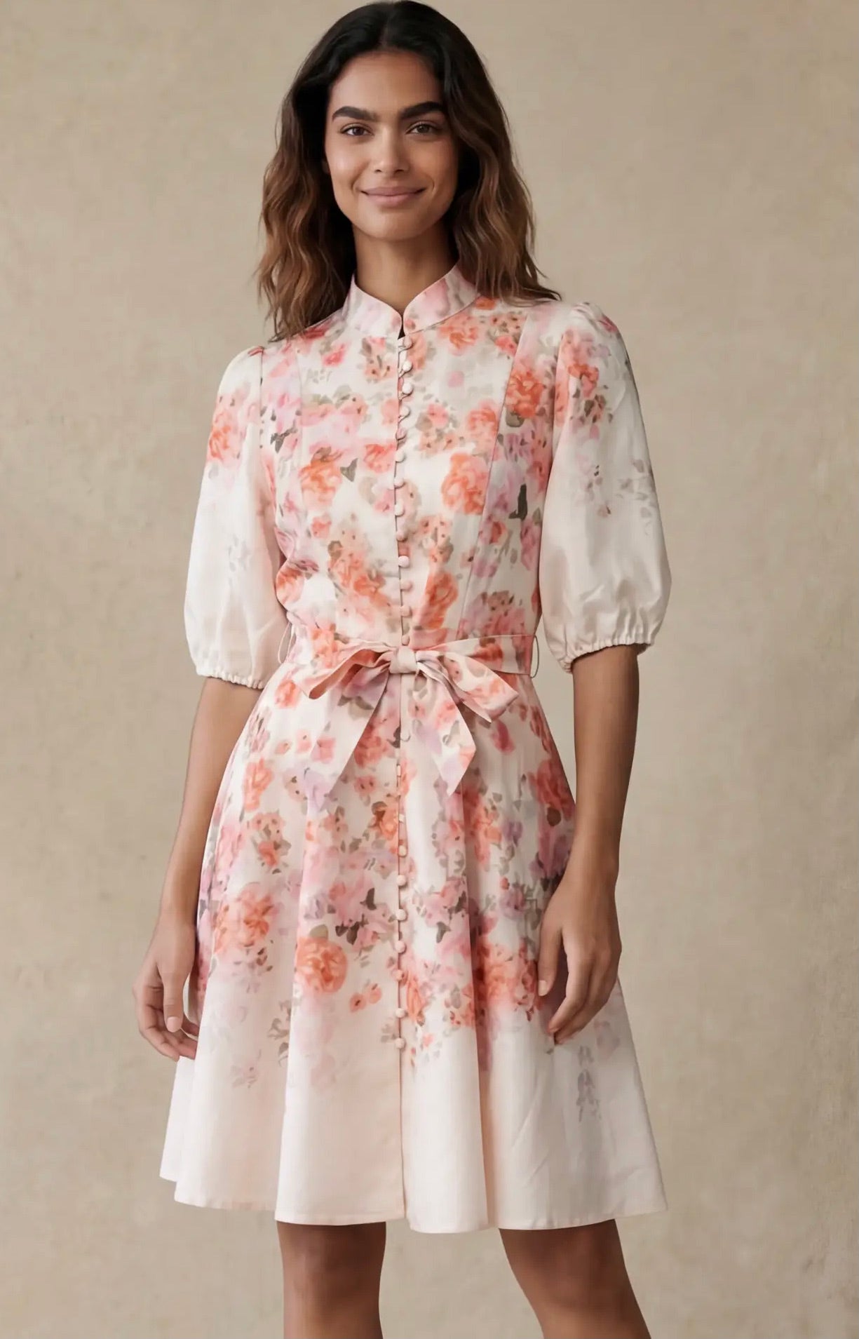 Front Sonia Off-White Floral Print Dress Bell Sleeves Self-Tie Belt front view model