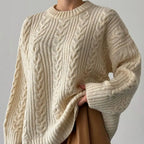 Oversized Cable-Knit Crewneck Sweater ANAZ beige close up cable knit texture