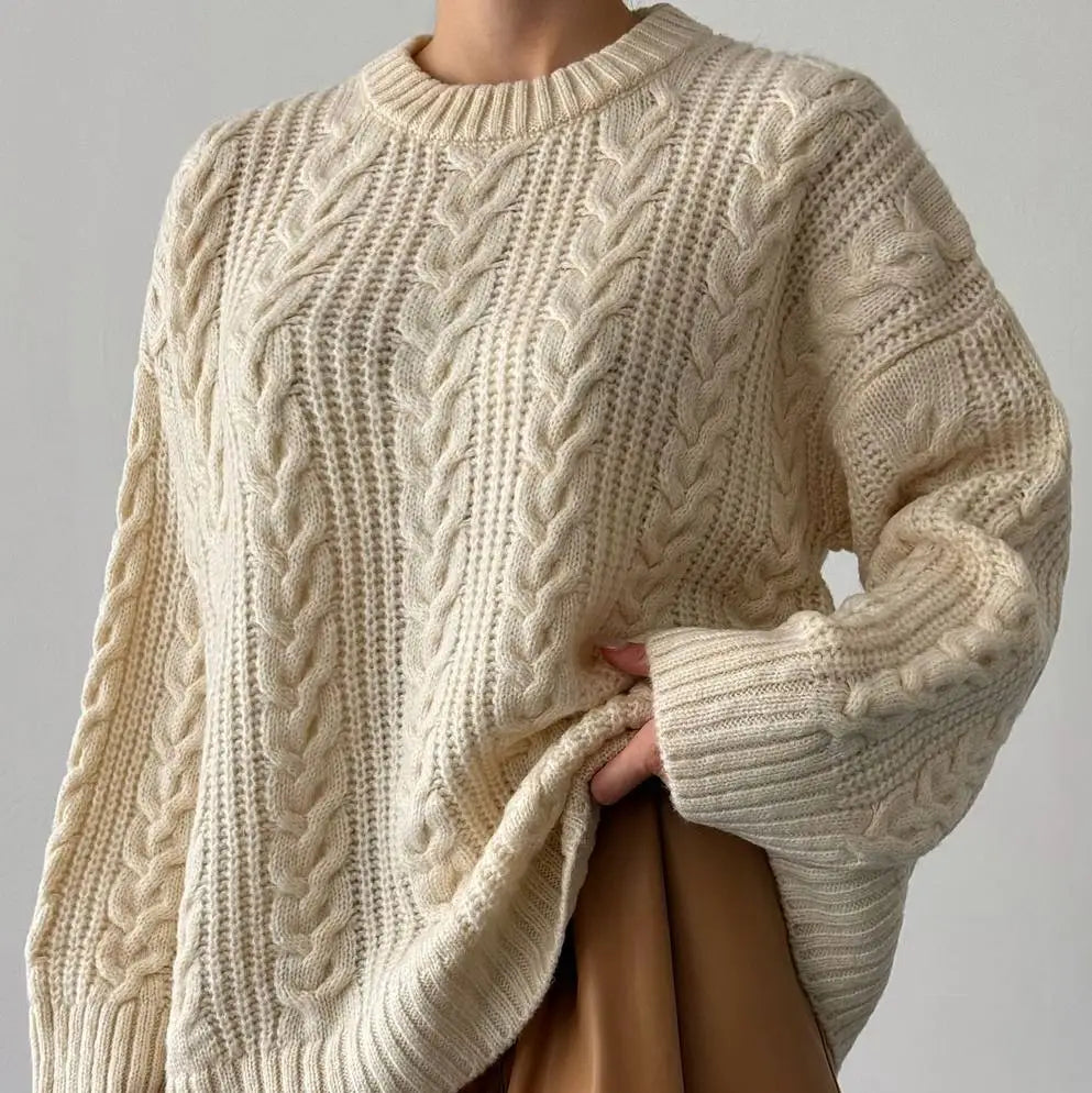 Oversized Cable-Knit Crewneck Sweater ANAZ beige close up cable knit texture