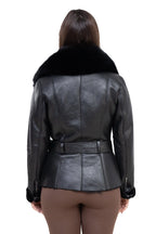 Black leather jacket with fur collar on a white background Cuir Dimitri 