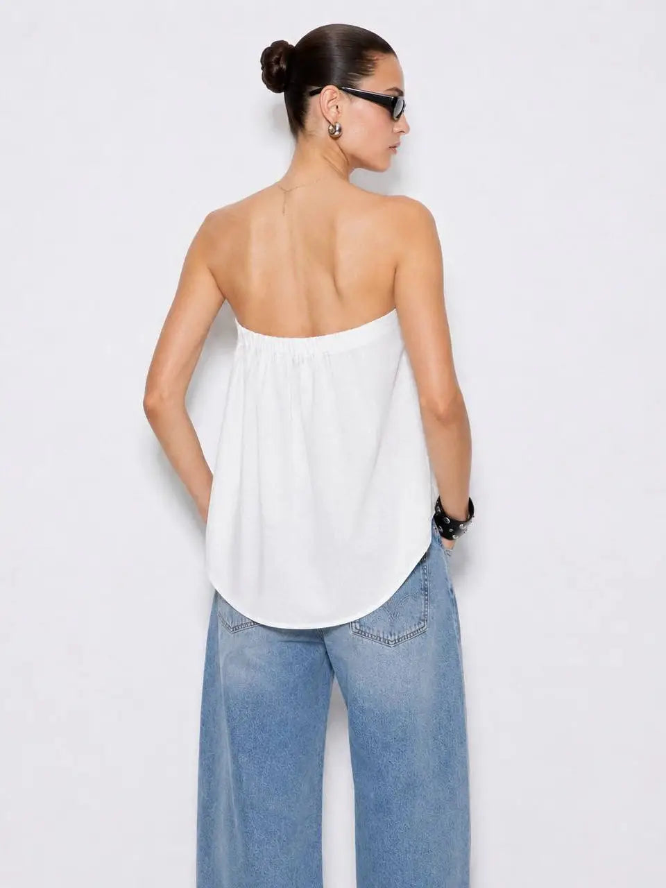 Back Shot White linen folded strapless bandeau top with asymmetric front pleats and curved hemline - ANAZ Linen Folded Strapless Bandeau Top White