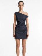 Navy indigo asymmetric one-shoulder denim mini dress with ruched waist front view - ANAZ Asymmetric Denim Mini Dress