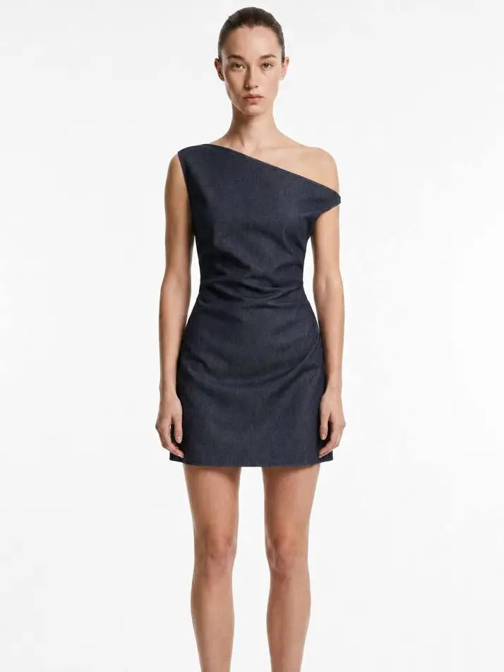 Navy indigo asymmetric one-shoulder denim mini dress with ruched waist front view - ANAZ Asymmetric Denim Mini Dress