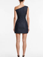 Navy indigo asymmetric one-shoulder denim mini dress back view with exposed zipper - ANAZ Asymmetric Denim Mini Dress