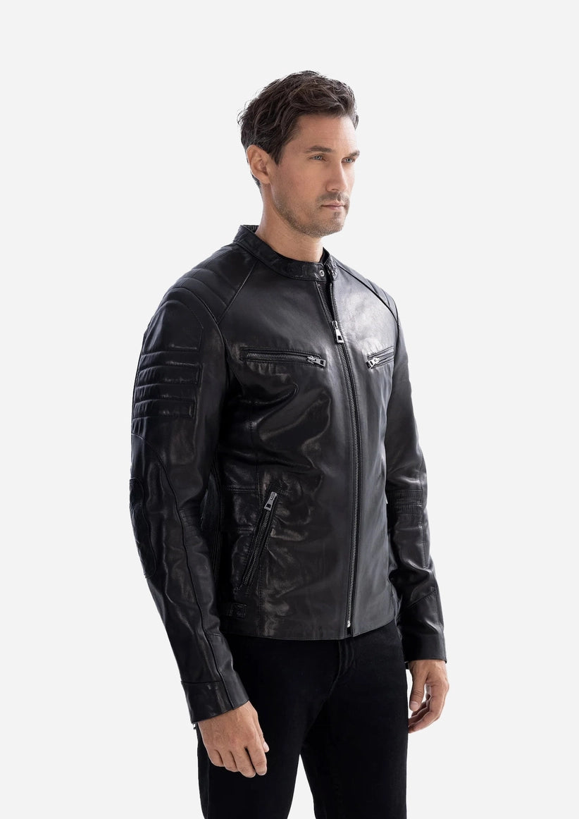 Man wearing a black leather jacket on a white background Cuir Dimitri