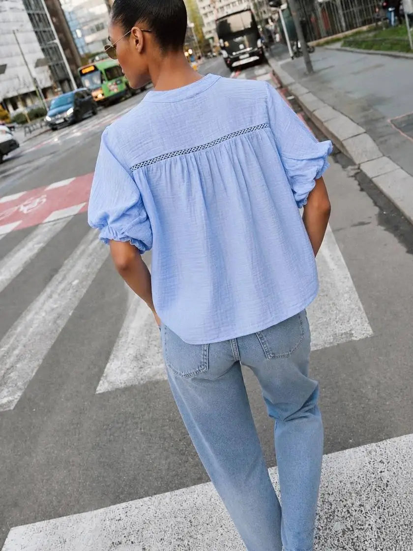 Baby blue lace trim puff sleeve gauze blouse back view with ladder-stitch lace yoke insert - ANAZ Lace-Trim Puff Sleeve Gauze Blouse Baby Blue