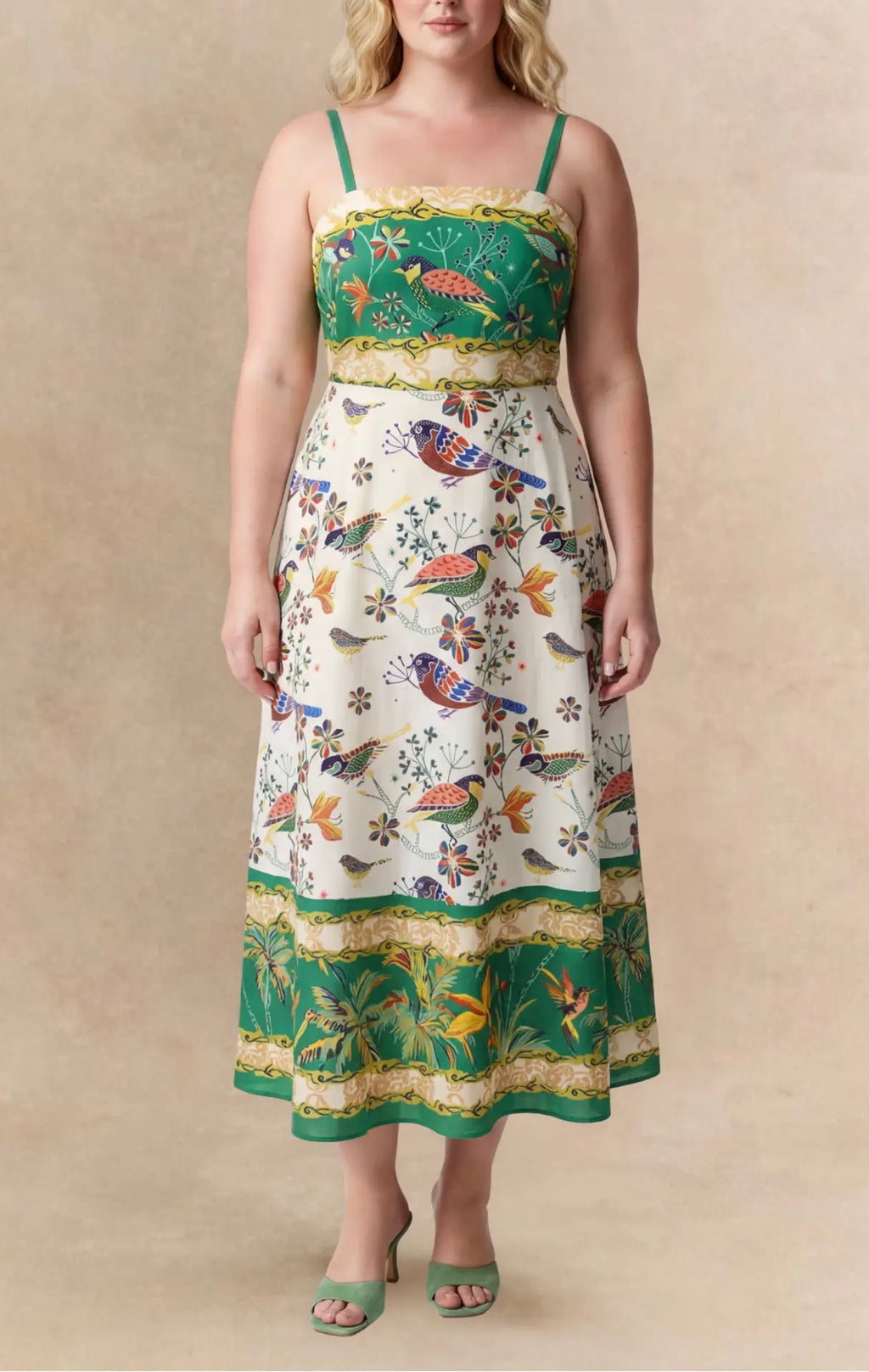 ANNICK Julie Bird Print Green Strap Midi Dress White front view model plus size